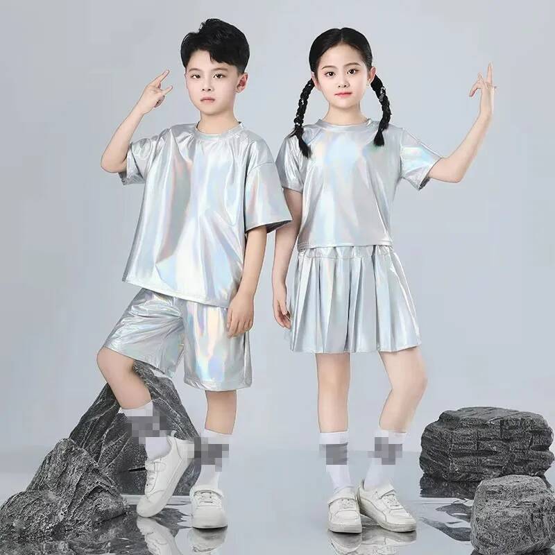 Street Fashion Boy - ชุดฮิปฮอปสำหรับเด็กชายและเด็กหญิง สีเงิน ชุดเต้นแจ๊ส เสื้อผ้าสำหรับการแสดงเด็ก แฟชั่นเสื้อผ้าสำหรับการแสดงบนรันเวย์และการเต้นสตรีท