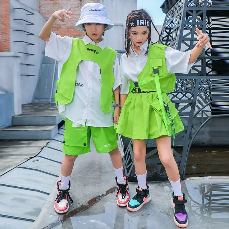 Street Fashion Boy - แฟชั่นเด็กStreetwear Hip Hopเครื่องแต่งกายเด็กเสื้อกั๊กสีเขียวกางเกงขาสั้นเสื้อกระโปรงเด็กวัยรุ่นJazz Dance Stageเสื้อผ้า