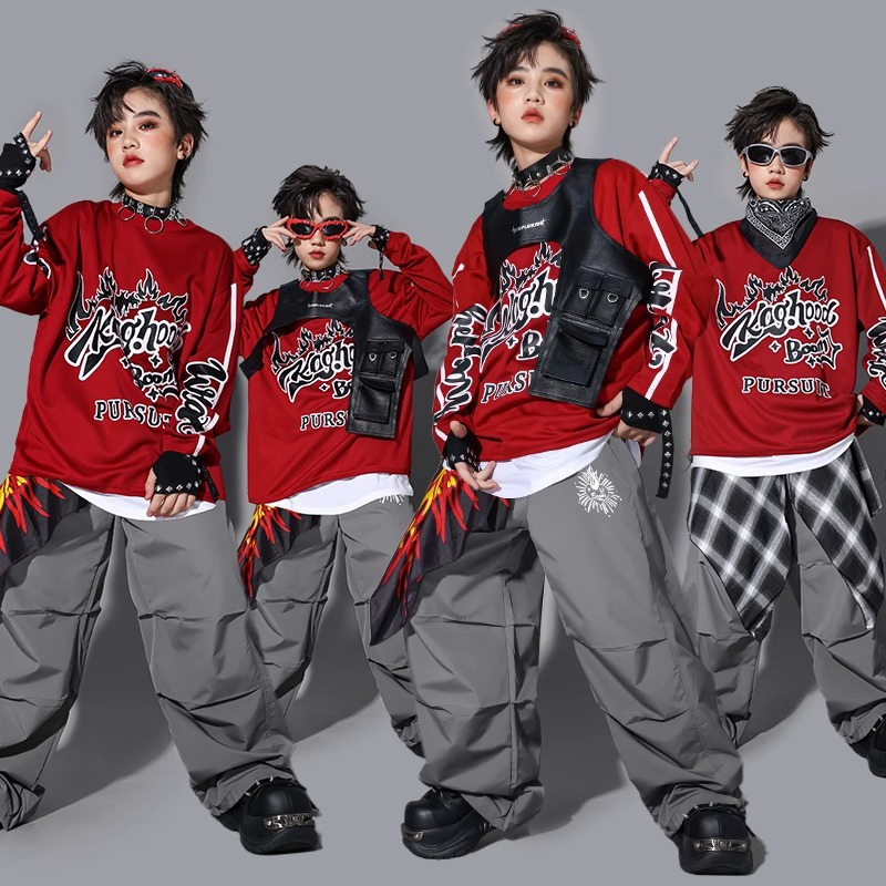 Street Fashion Boy - เสื้อสเวตเชิ้ต K-pop สำหรับเด็กผู้ชาย เสื้อกั๊กแฟชั่น กางเกงหลวม ชุดฮิปฮอป