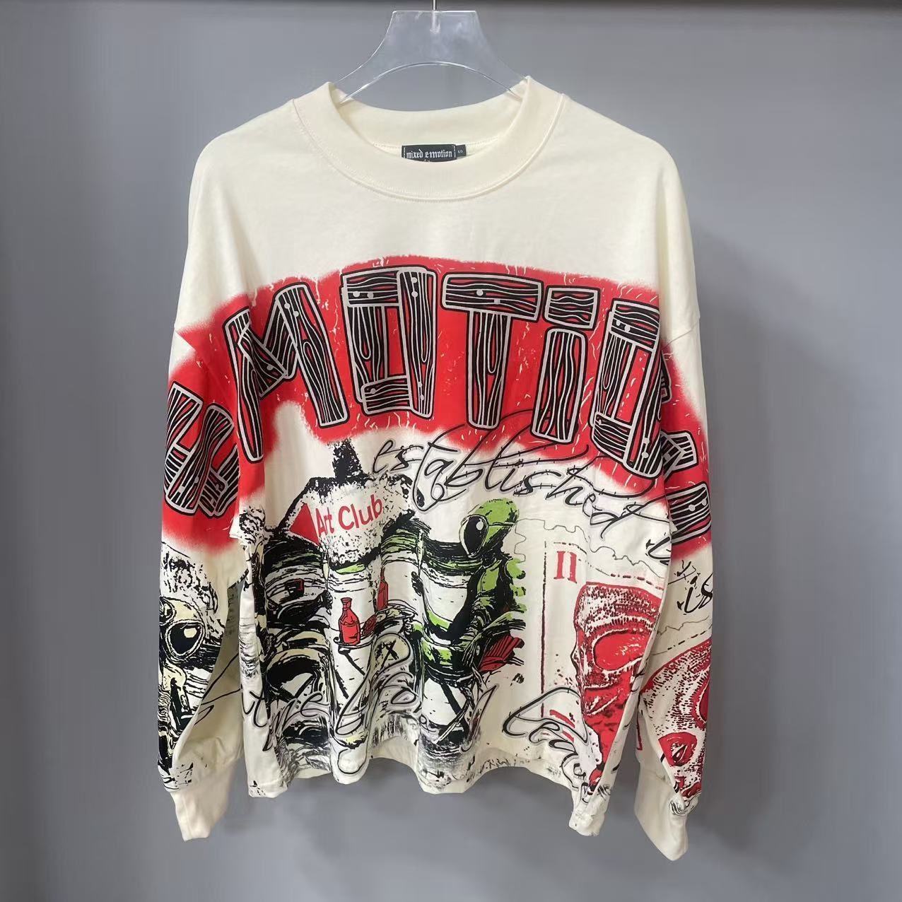 Street Fashion Style - เสื้อยืดแขนยาวดีไซน์เนอร์คุณภาพสูง MIXED-EMOTION ผ้าฝ้าย 100% สำหรับผู้ชายและผู้หญิง ลายพิมพ์วินเทจและประดับคริสตัล