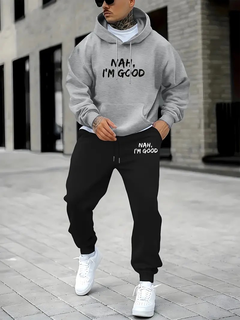 Street Fashion Style - ชุดเสื้อฮู้ดผู้ชายลายพิมพ์ตัวอักษร 3 มิติ สไตล์ลำลองแฟชั่นสตรีท ใส่สบาย เนื้อผ้านุ่ม