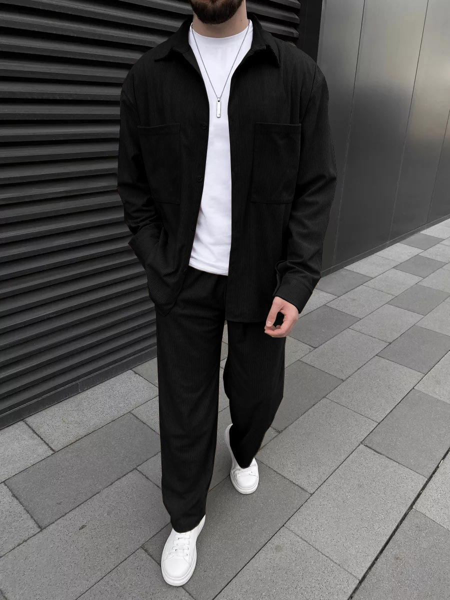 Street Fashion Style - ชุดเซ็ตสองชิ้นผ้าลูกฟูกสำหรับผู้ชาย: เสื้อเชิ้ตแขนยาวติดกระดุมและกางเกงขายาวทรงกว้าง ชุดลำลองสปอร์ตแฟชั่นแนวสตรีท