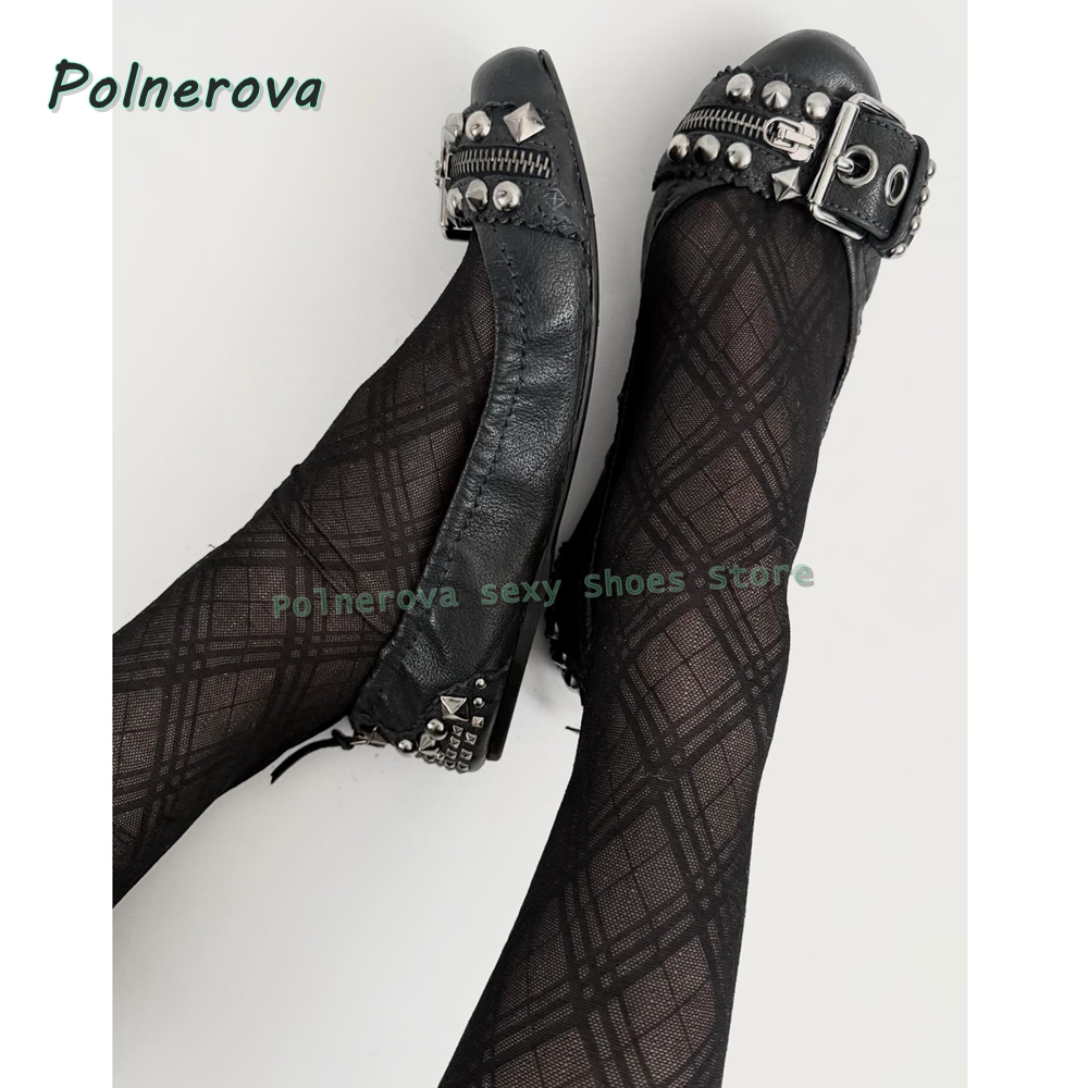 Street Fashion Style - รองเท้าส้นเตี้ยแบบมีซิปประดับตกแต่ง รุ่น Mary Jane หัวแหลม พร้อมหัวเข็มขัดแบบ