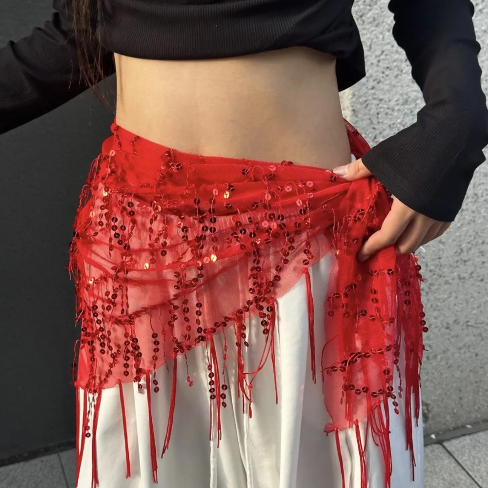 Street Fashion Thailand - เข็มขัดเต้นรำประดับเลื่อมแฟชั่น พร้อมพู่ห้อย กระโปรงเต้นแจ๊ส ชุดแสดงเต้นสตรีทแดนซ์ สายคาดเอวสำหรับไทย/อินเดีย/อาหรับ