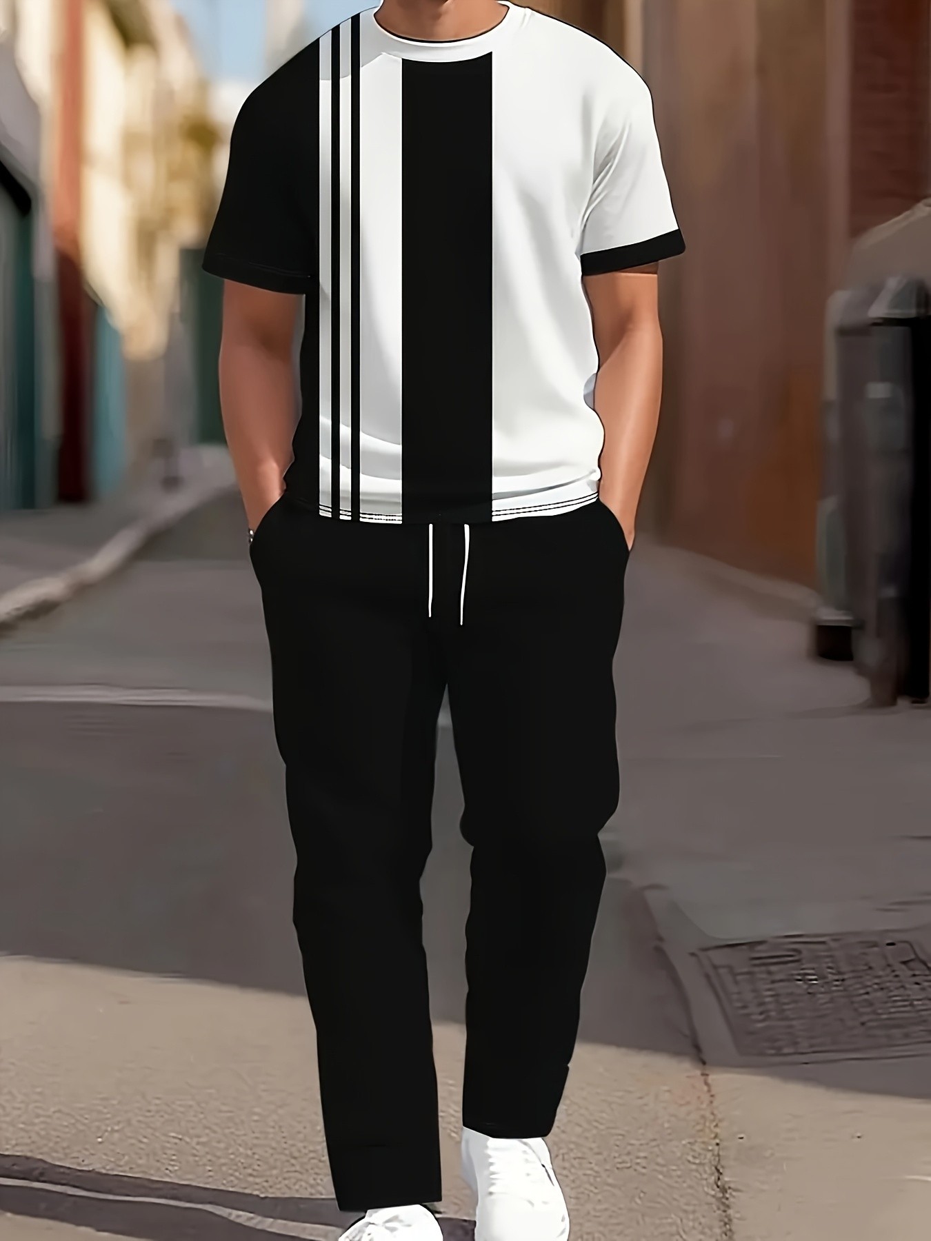 Street Fashion Style - ชุดเซ็ตเสื้อแขนสั้นกางเกงขายาวผู้ชายใหม่ประจำฤดูร้อนปี 2026 - แฟชั่นลำลองสไตล์สตรีท สวมใส่สบาย ลายพิมพ์ลายทาง