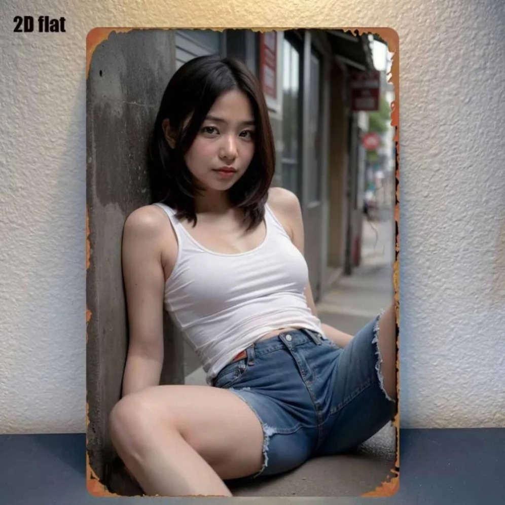 Asian Street Fashion Girls - งานศิลปะติดผนังโลหะ HD สุดฮิต - สาวแฟชั่นสตรีทสไตล์เอเชียในชุดเสื้อกล้ามสีขาวลำลองและกางเกงยีนส์ขาสั้น ป้ายดีบุกแบบแบน