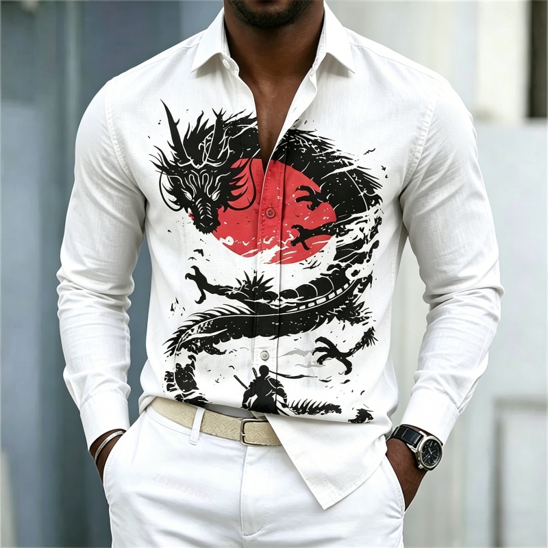 เสื้อเชิ้ตผู้ชายลายมังกรสีขาวด - Street Fashion Style บทวิจารณ์และราคา