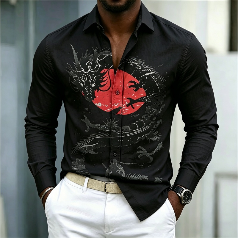 เสื้อเชิ้ตผู้ชายลายมังกรสีขาวด - Street Fashion Style บทวิจารณ์และราคา