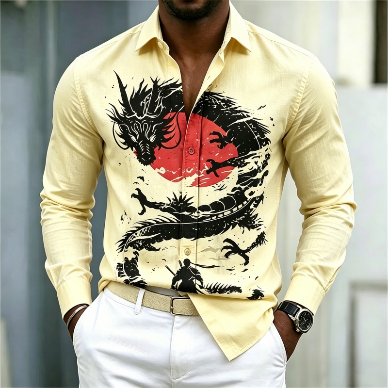 เสื้อเชิ้ตผู้ชายลายมังกรสีขาวด - Street Fashion Style บทวิจารณ์และราคา