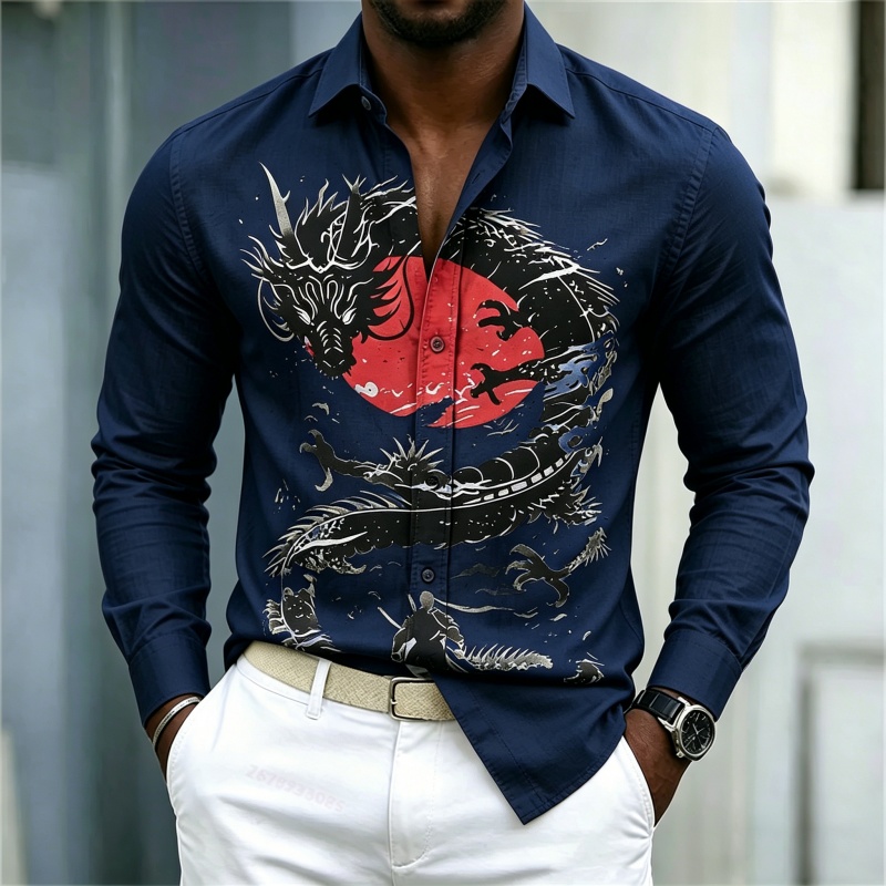 เสื้อเชิ้ตผู้ชายลายมังกรสีขาวด - Street Fashion Style บทวิจารณ์และราคา