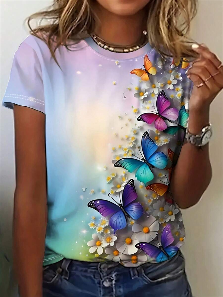 เสื้อยืดผู้หญิงลายผีเสื้อ ฤดูร - Street Fashion Urban บทวิจารณ์และราคา
